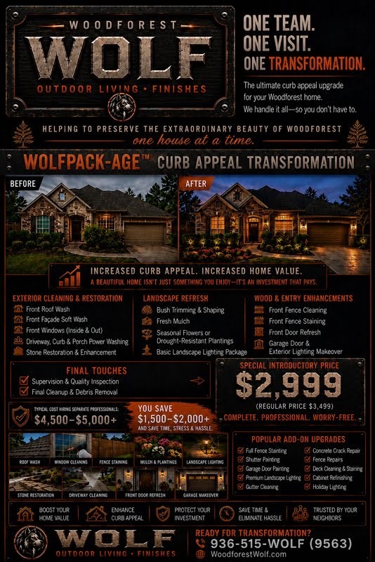 Wolf Outdoor Living Finishes, in Woodforest, TX.  Curb Appeal Transformation.  Deck, Fence, Patio power wash and finishes.  Wolf Outdoor Living Finishes Helps to preserve the extraordinary beauty of Woodforest, TX